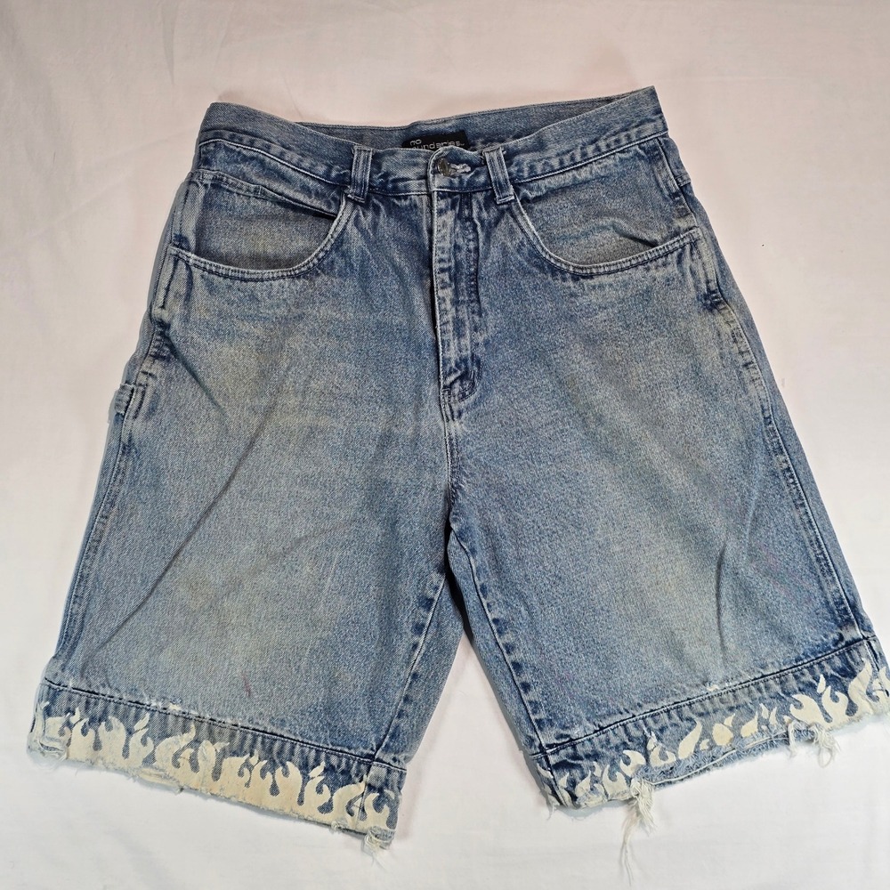 No Boundaries Mens 34 Denim Carpenter Shorts Light Wash Flame Print Raw Hem Y2K